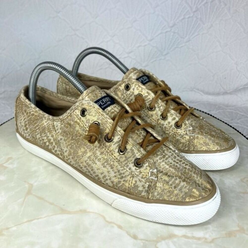 Sperry Crest Vibe Metallic Snakeskin Sneakers Womens 8.5 Gold Tan Comfort Shoes